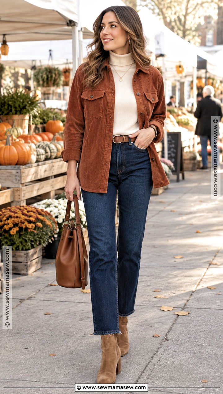 Corduroy Shacket With Dark Wash Jeans - 15 Fall Outfit Shacket Ideas
