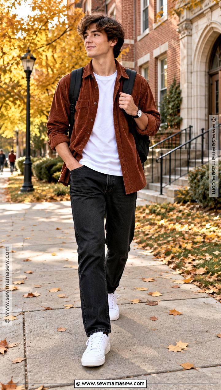 Corduroy Shirt And Black Jeans Autumn School Outfit - 25 outfit ideas for school autumn