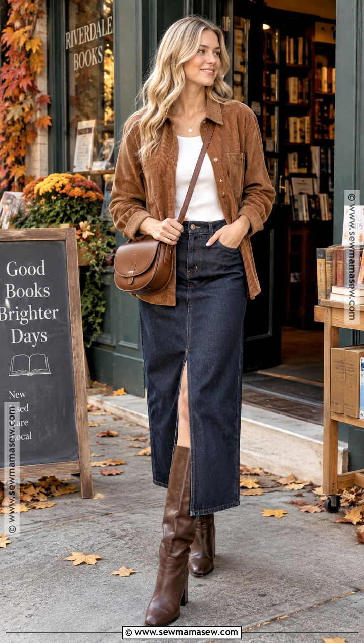 Corduroy Shirt And Denim Skirt Outfit - 20 blonde fall outfit ideas