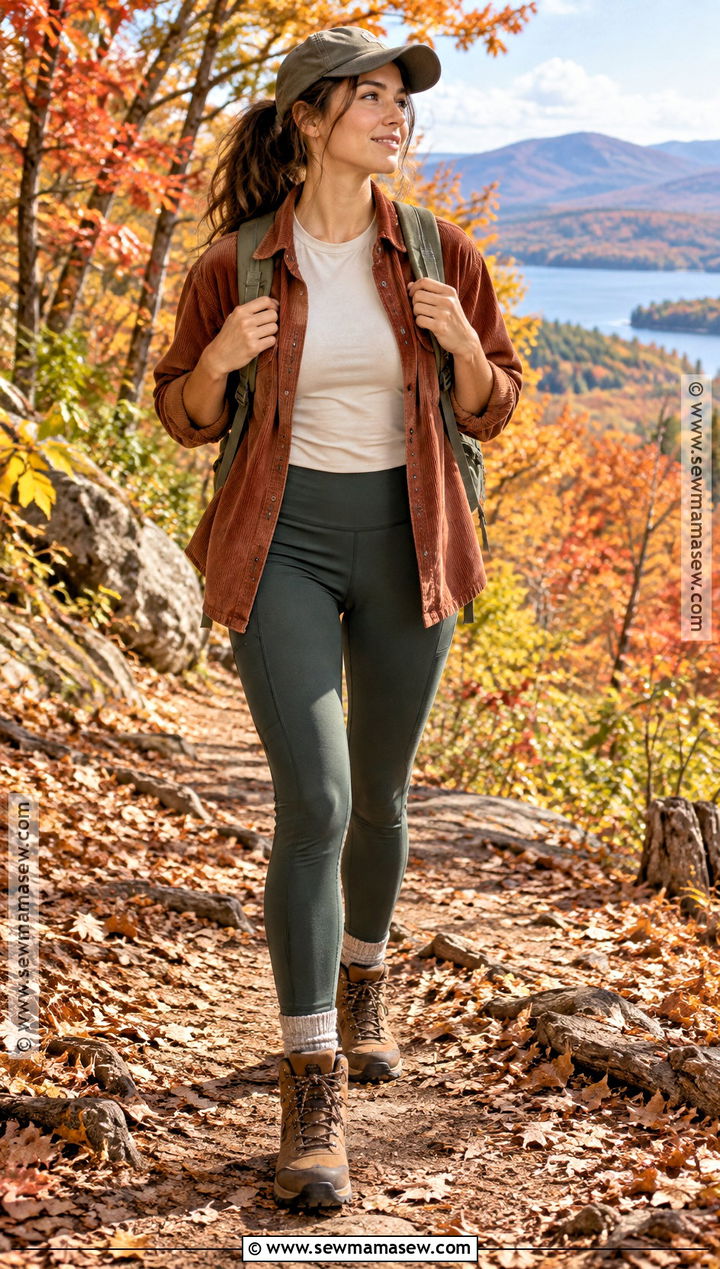 Corduroy Shirt And Hiking Leggings Outfit - 20 Cute Fall Hiking Outfits for Women