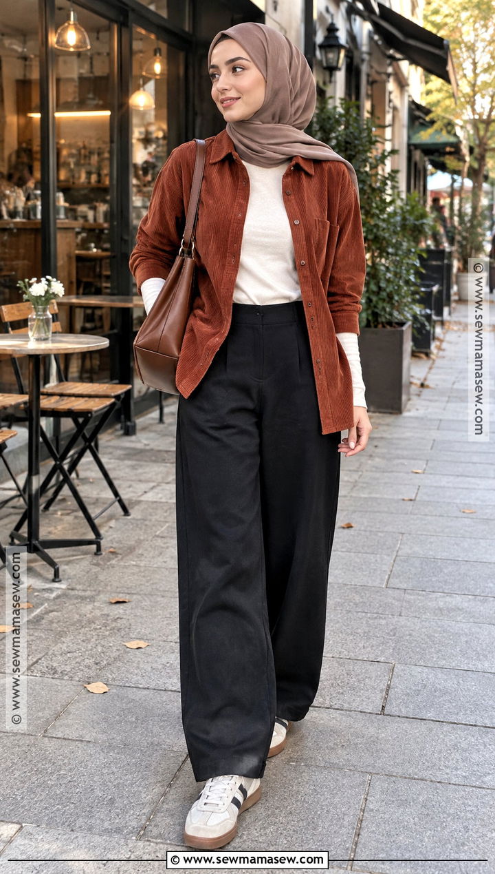 Corduroy Shirt And Wide Leg Pants Hijab Outfit - 20 Hijab Fashion Autumn Ideas