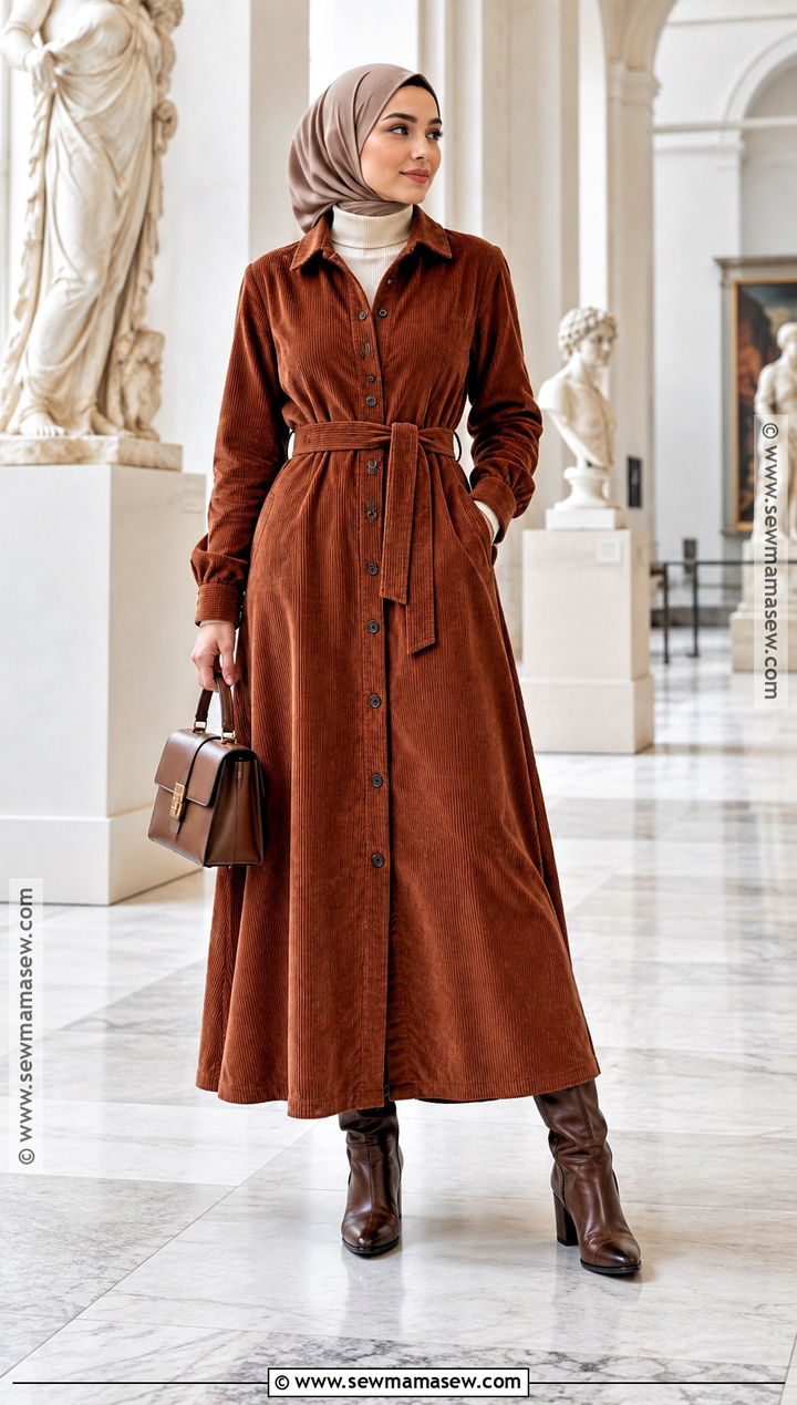 Corduroy Shirt Dress And Boots Outfit - 20 fall outfits for hijabis