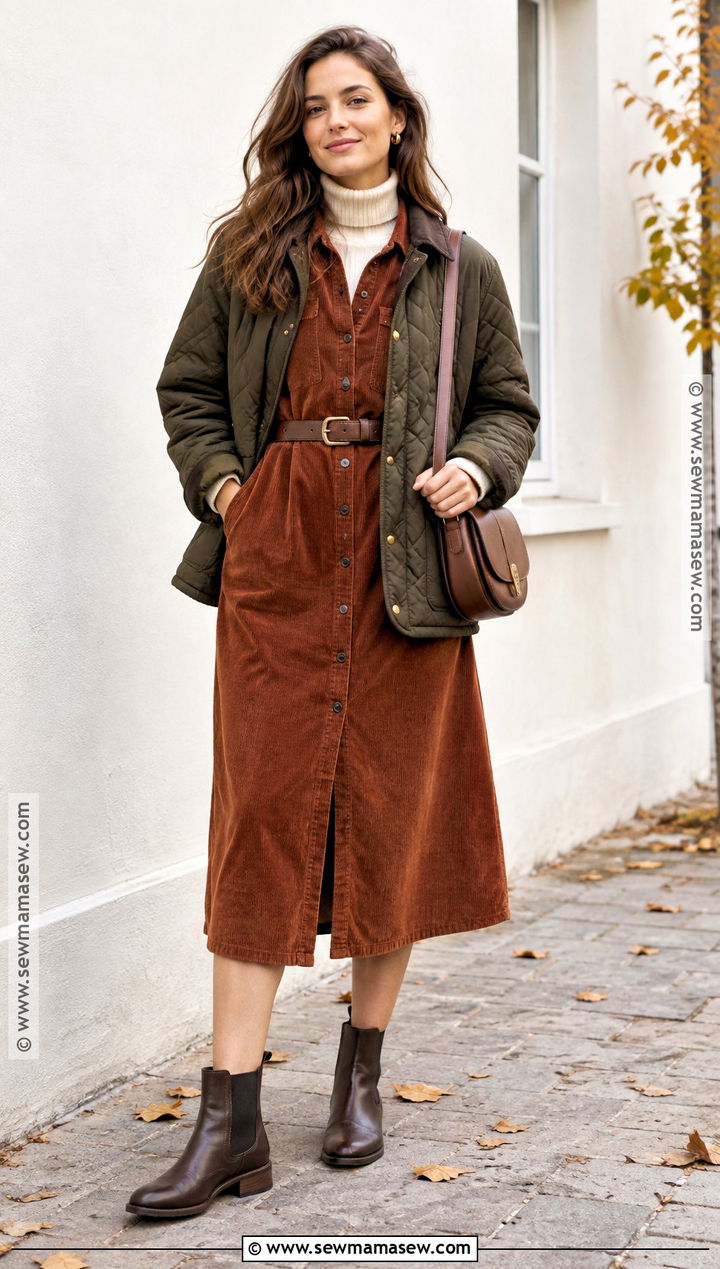 Corduroy Shirt Dress With Chelsea Boots - 25 fall dress outfit with boots