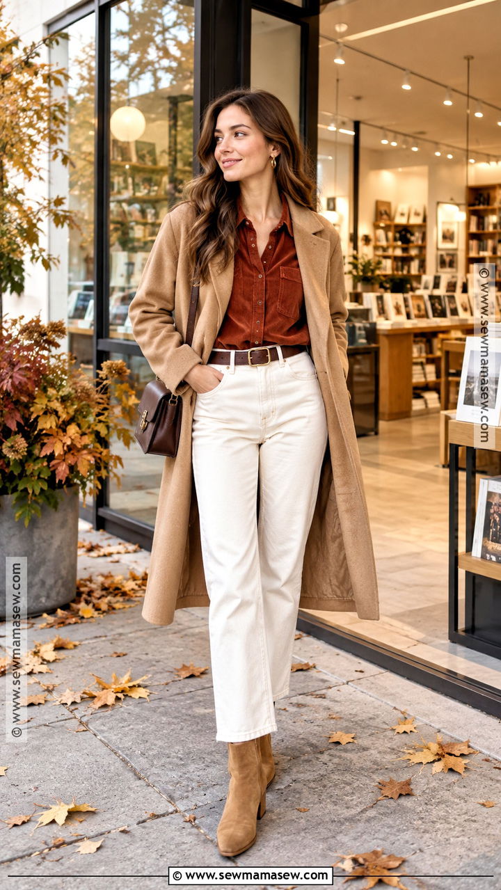 Corduroy Shirt With Cream Jeans - 20 shirt autumn outfit ideas