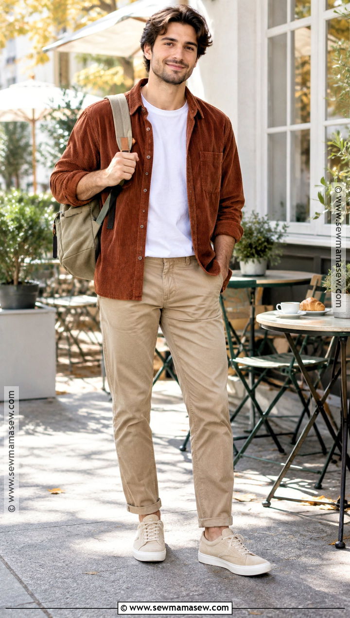 Corduroy Shirt With Khaki Chinos and Sneakers - 20 fall outfits for men casual