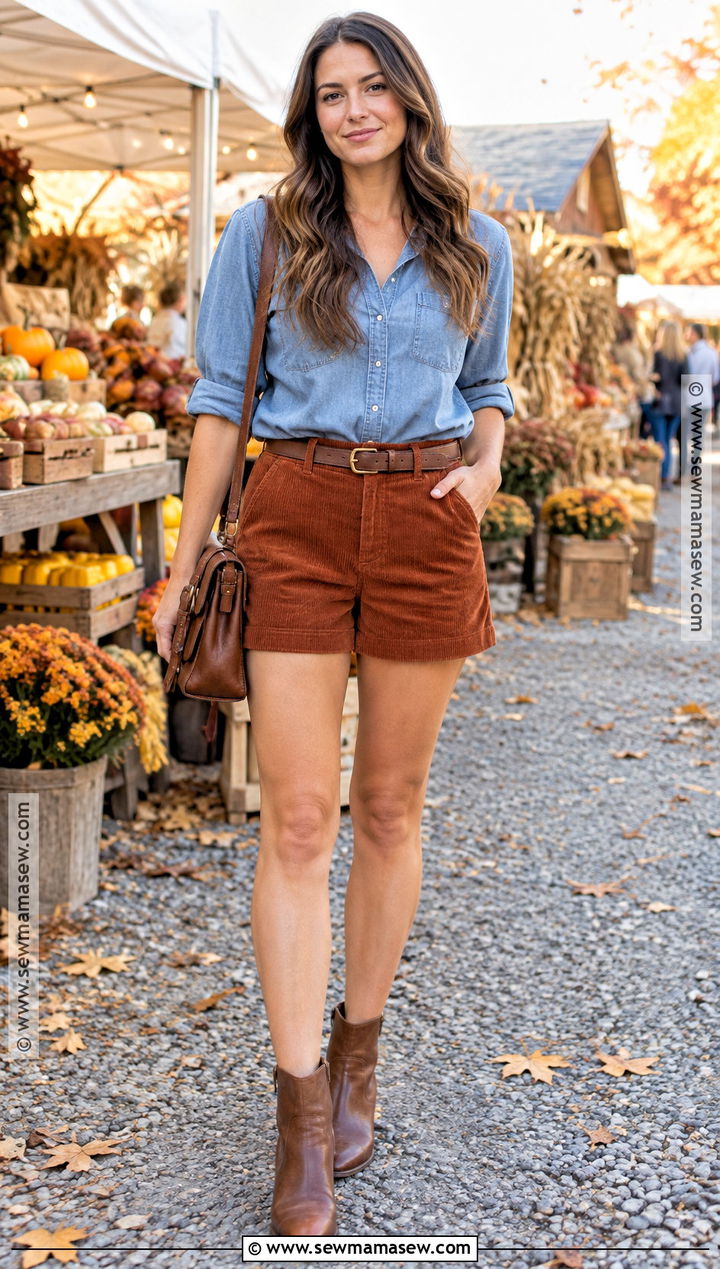 Corduroy Shorts With Denim Shirt And Ankle Boots - 20 Autumn Outfits With Shorts