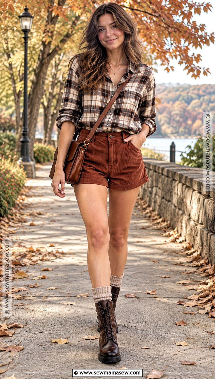 Corduroy Shorts With Plaid Shirt Outfit - 25 fall shorts outfit ideas