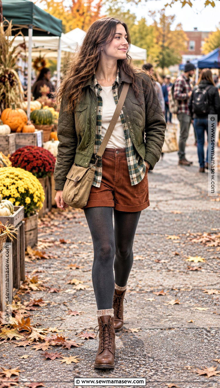 Corduroy Shorts With Tights And A Flannel Shirt - 15 autumn shorts outfit tights ideas