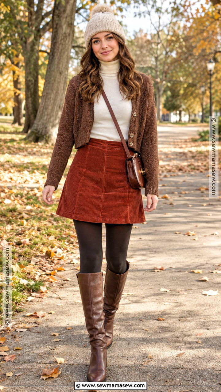 Corduroy Skirt And Beanie Outfit - 20 fall beanie outfit ideas