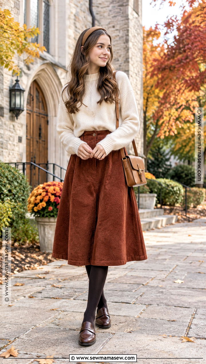 Corduroy Skirt And Crewneck Sweater Church Outfit - 20 Cute Fall Church Outfits for Teens