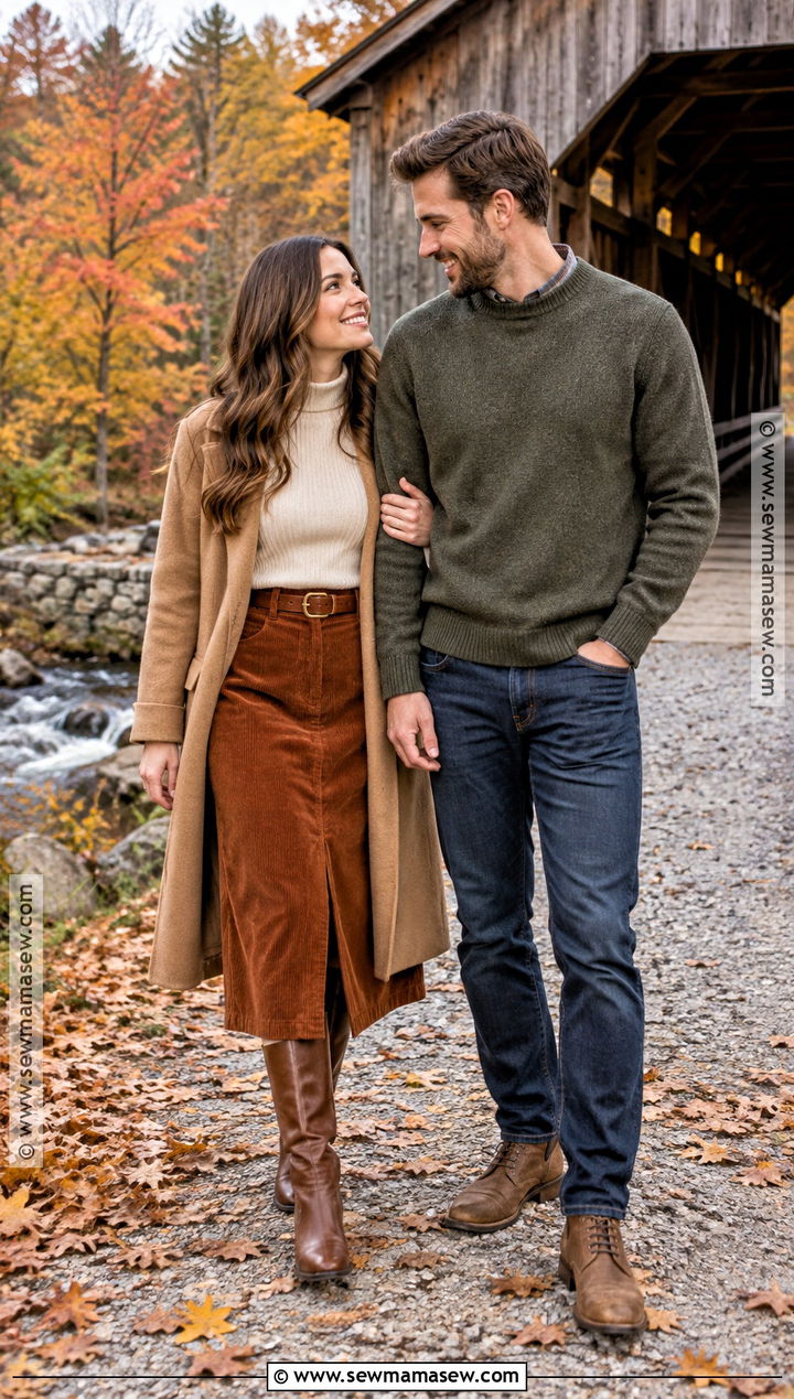 Corduroy Skirt And Knit Sweater Fall Engagement Photoshoot Outfit - 15 engament photoshoot outfit fall ideas