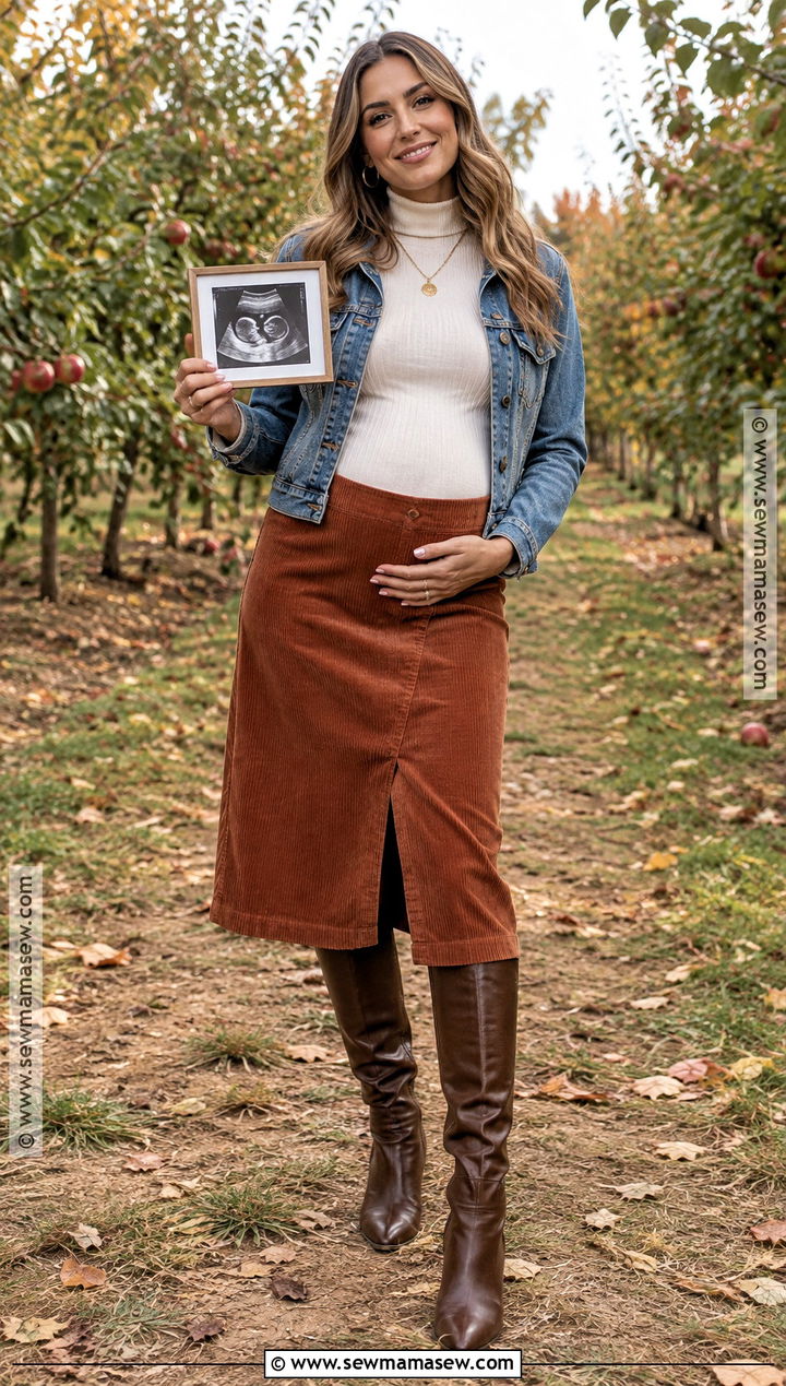 Corduroy Skirt And Turtleneck Pregnancy Announcement Outfit - 20 Fall Pregnancy Announcement Outfit Ideas