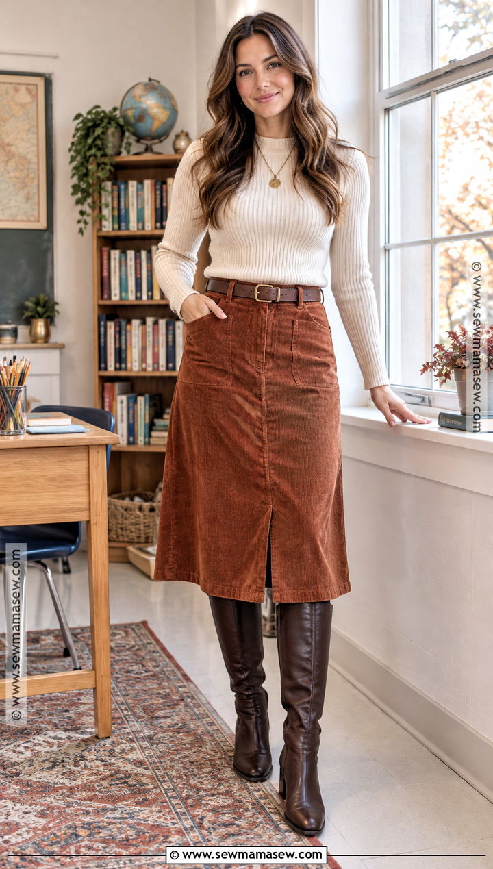 Corduroy Skirt Teacher Outfit With Knee High Boots - 15 teacher outfit inspo fall ideas