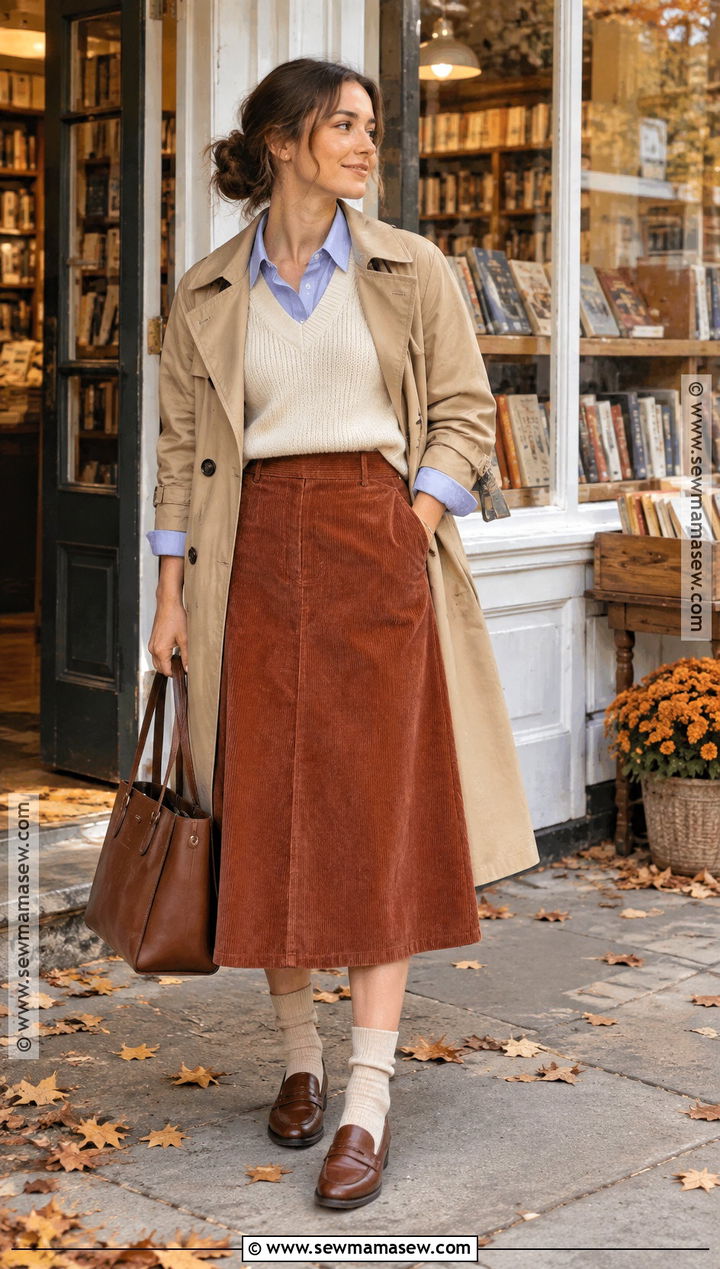 Corduroy Skirt With Button Down Shirt And Loafers - 20 Autumn Outfits Skirts
