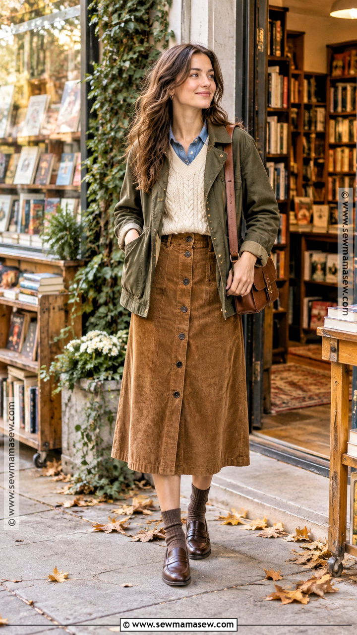 Corduroy Skirt With Chambray Shirt And Loafers - 20 Fall Skirt Ideas