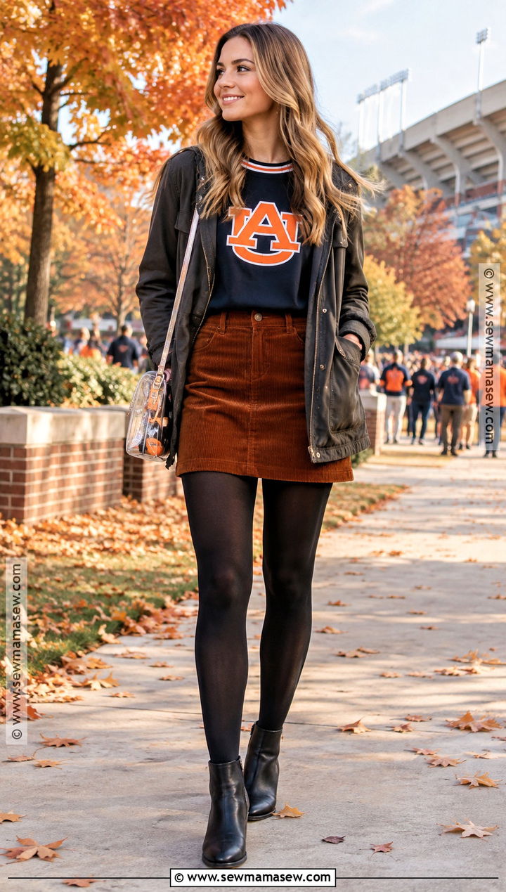 Corduroy Skirt With Team Sweater And Ankle Boots - 25 college football game outfit fall ideas