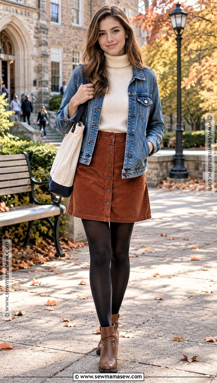 Corduroy Skirt With Turtleneck And Ankle Boots - 20 Back To School Skirt Outfits