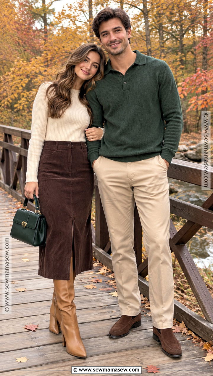 Corduroy Skirt and Knit Polo Fall Couple Outfit - 15 Fall Photos Couples Outfits