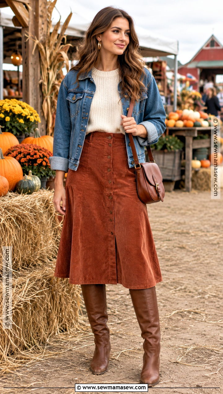 Corduroy Skirt and Knit Sweater Fall Fair Outfit - 25 fall fair outfit ideas