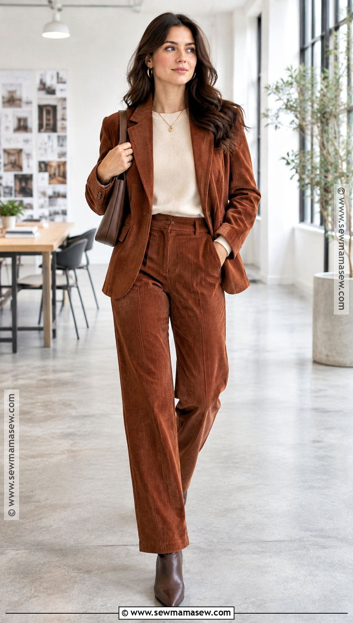 Corduroy Suit Fall Outfit With Ankle Boots - 25 autumn fall outfits