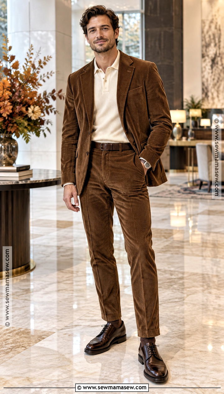 Corduroy Suit With Knit Polo And Derbies - 20 autumn male outfit ideas