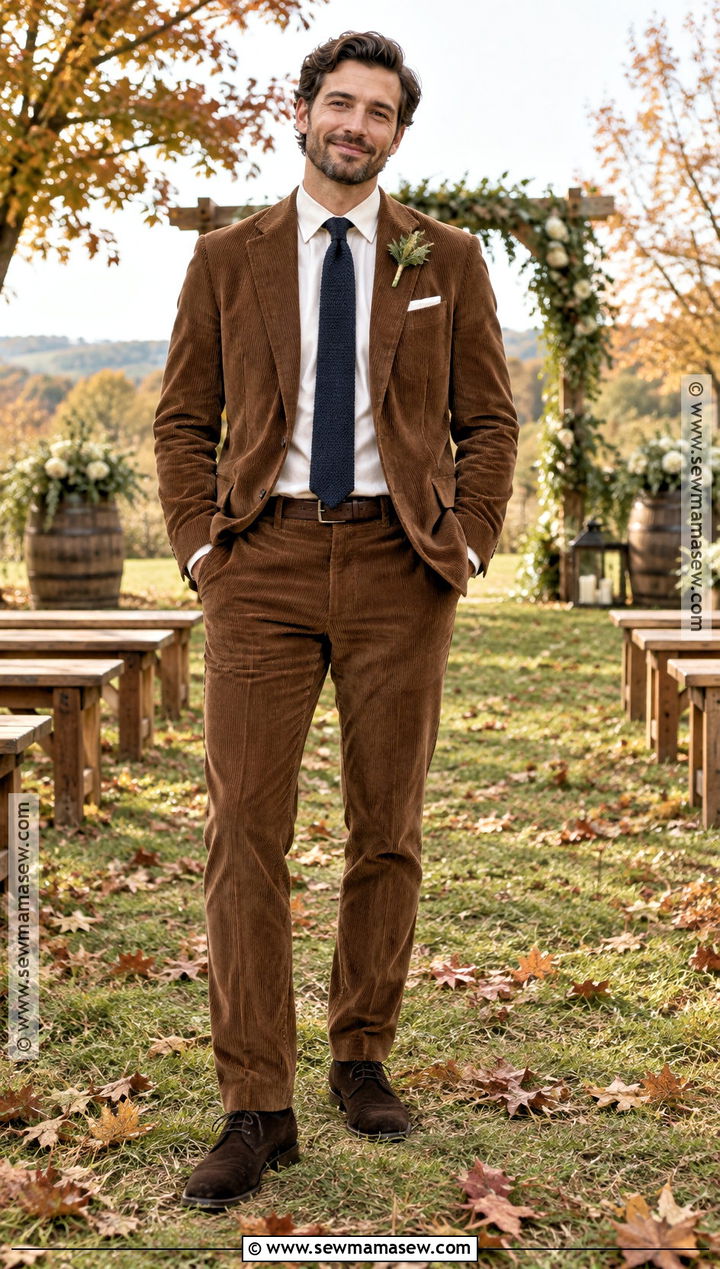 Corduroy Suit With Knit Tie - 15 fall outdoor wedding groom attire ideas