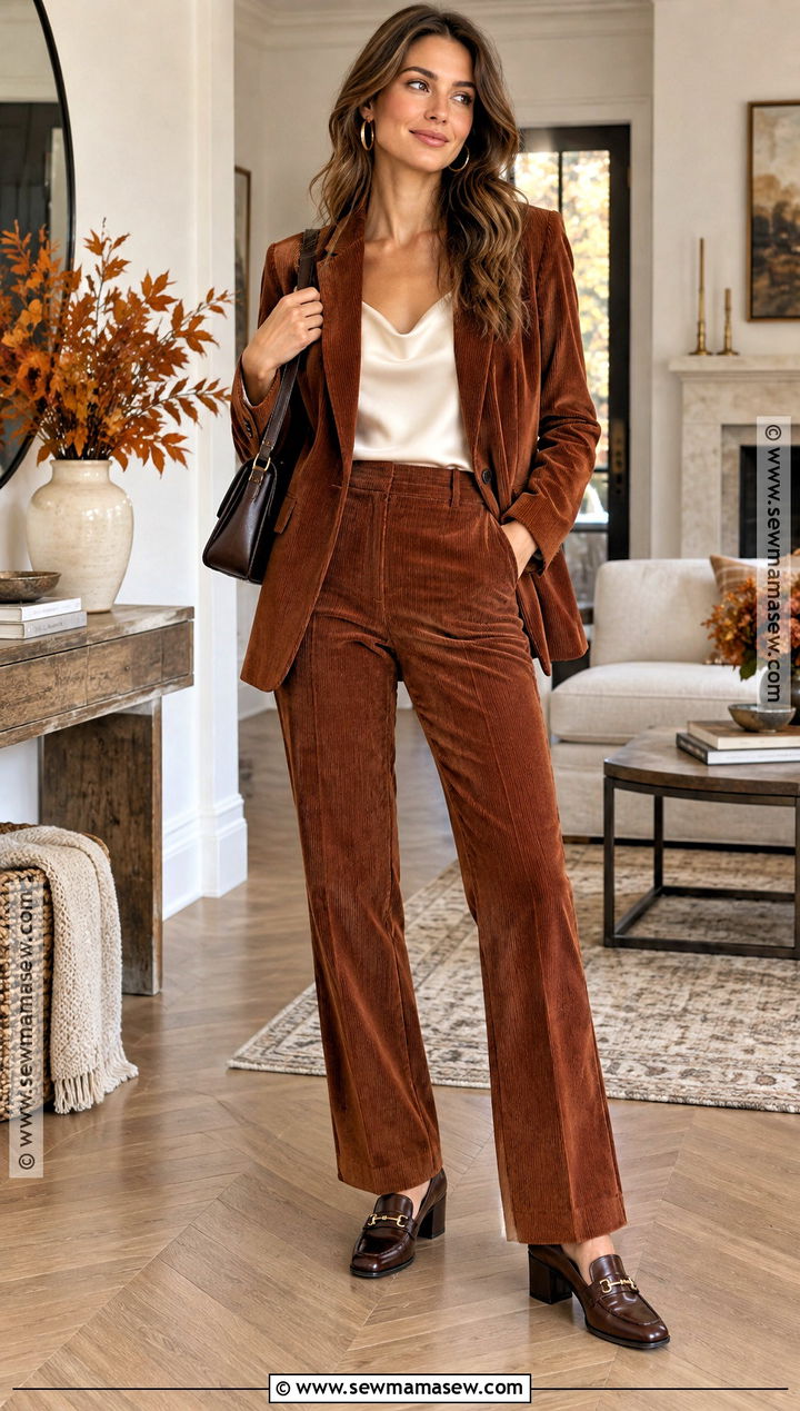 Corduroy Suit and Silk Camisole Fall Outfit - 15 festive fall outfits