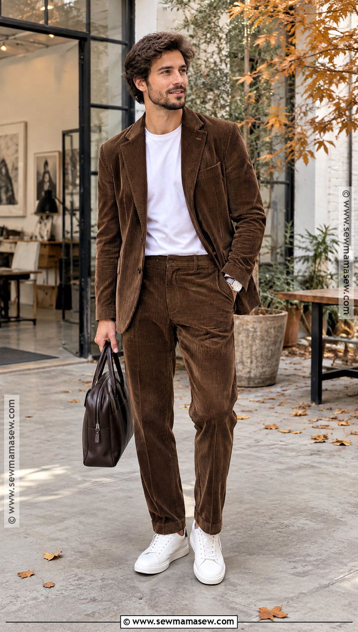 Corduroy Suit and Sneakers Outfit - 25 fall drip outfits for men