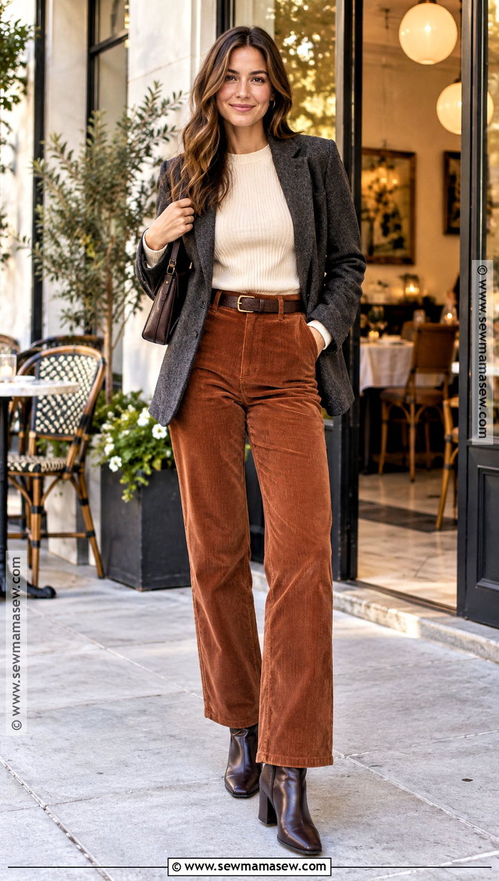 Corduroy Trousers And Fitted Sweater Fall Dinner Outfit - 25 fall dinner outfits