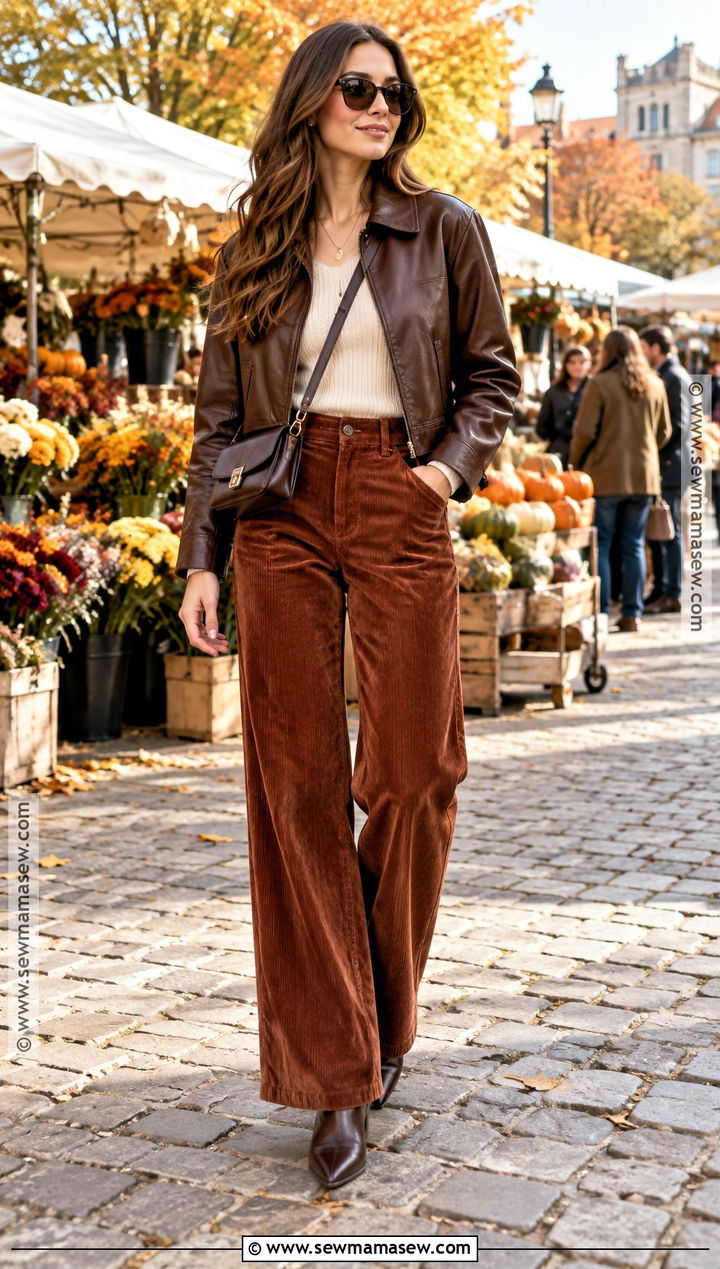 Corduroy Trousers With Leather Jacket And Ankle Boots - 20 trousers fall outfit ideas