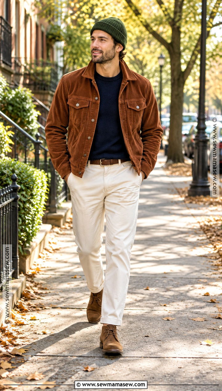 Corduroy Trucker Jacket With Cream Chinos - 20 men fall jacket ideas