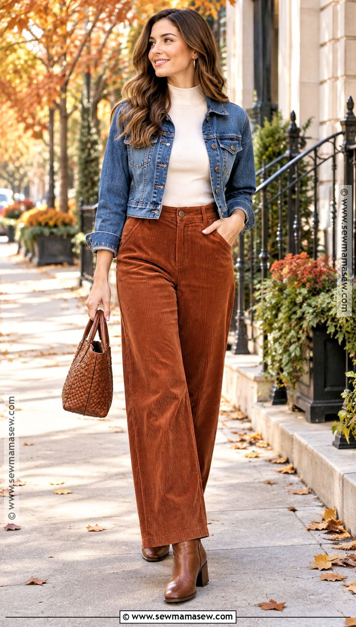 Corduroy Wide Leg Trousers With Mock Neck Top And Clogs - 15 wide leg trousers fall outfit ideas