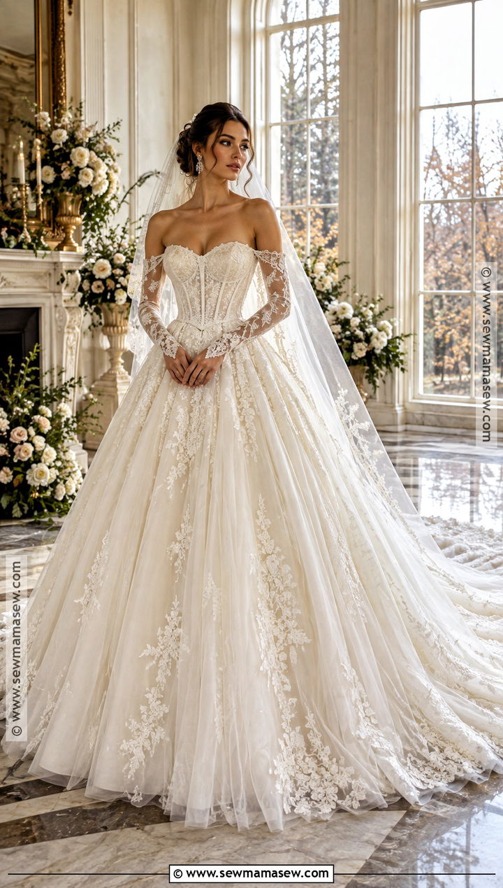 Corset Ball Gown Wedding Dress With Detachable Sleeves - 15 Late Fall Wedding Dress Ideas