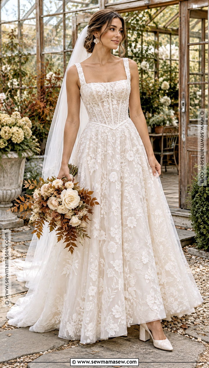 Corset Bodice Botanical Lace Wedding Dress - 15 rustic boho fall wedding dress ideas