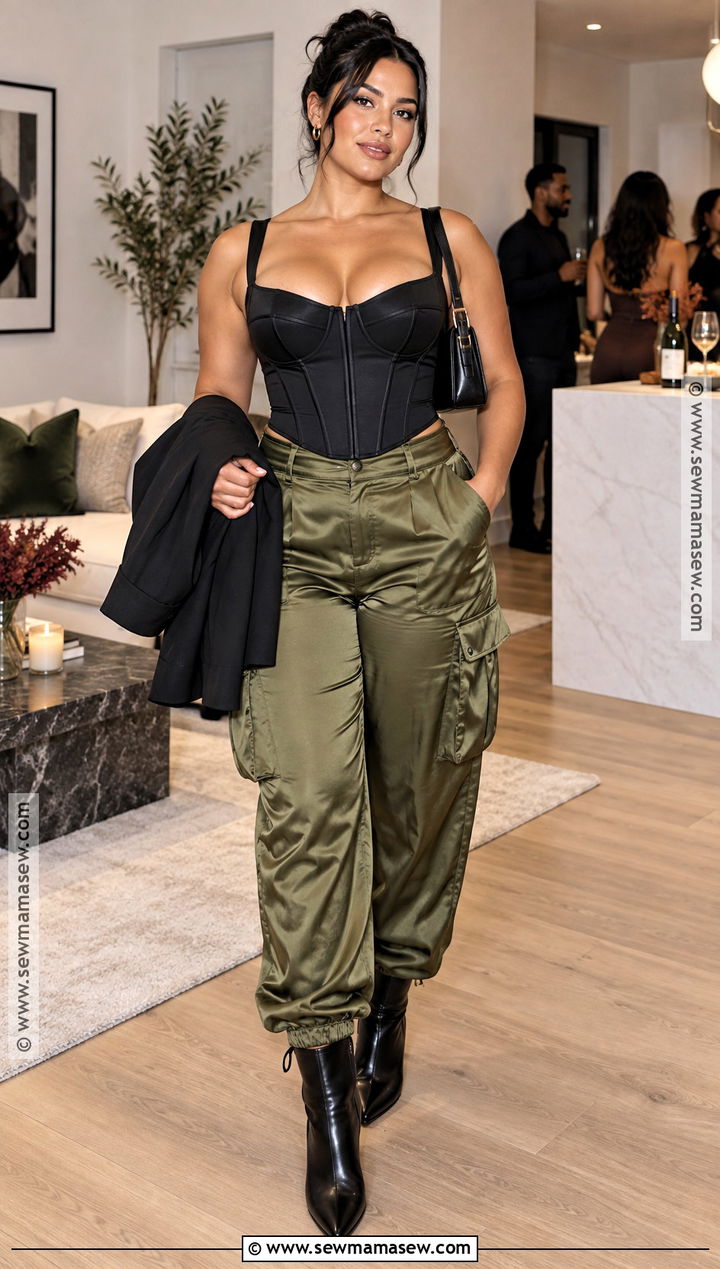Corset Inspired Top With Satin Cargo Pants - 15 fall house party outfit ideas