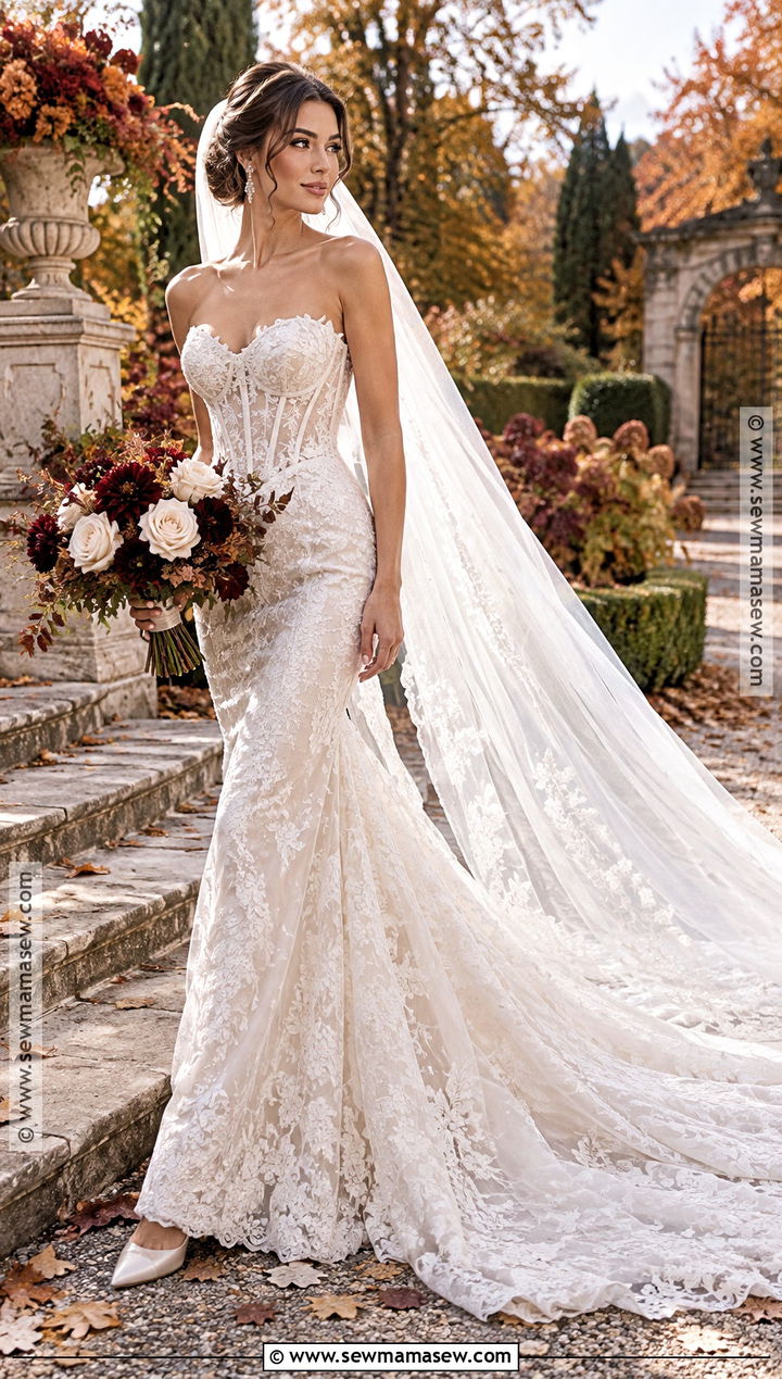 Corset Mermaid Wedding Dress With Cathedral Veil - 15 Fall Mermaid Wedding Dress Ideas