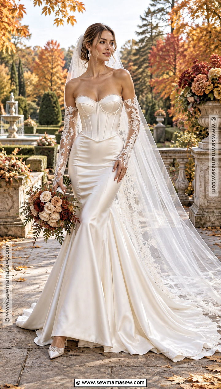 Corset Mermaid Wedding Dress With Detachable Sleeves - 15 Fall Bride Wedding Dress Ideas