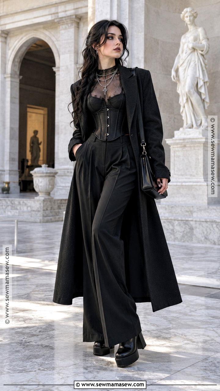 Corset Top And Long Black Coat - 20 Fall Gothic Outfits