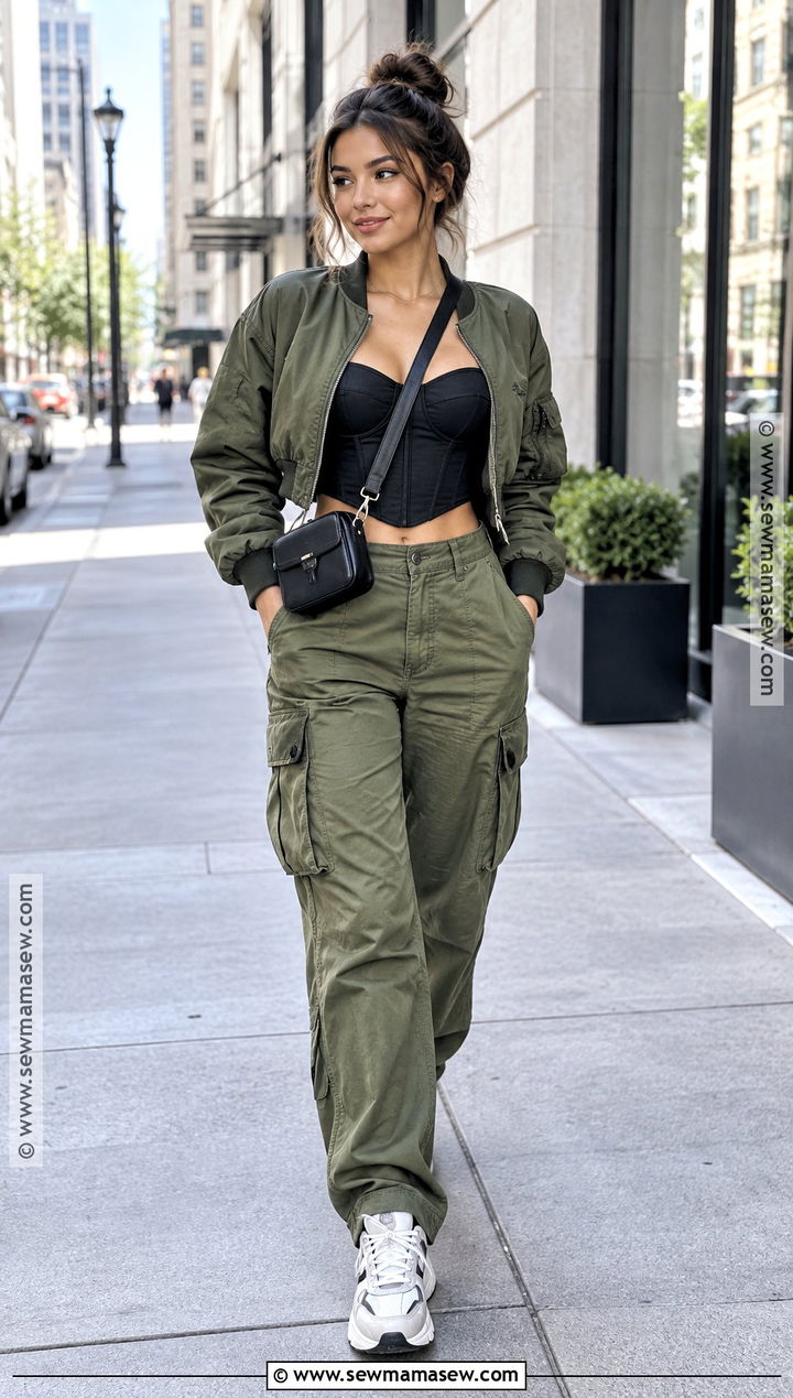 Corset Top With Cargo Pants And Bomber Jacket - 15 corset top outfit fall ideas