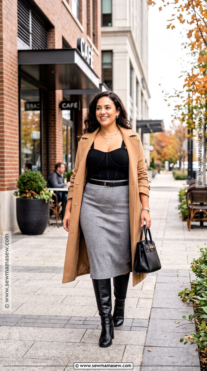 Corset Top With Knit Midi Skirt And Trench Coat - 15 corset top outfit fall ideas