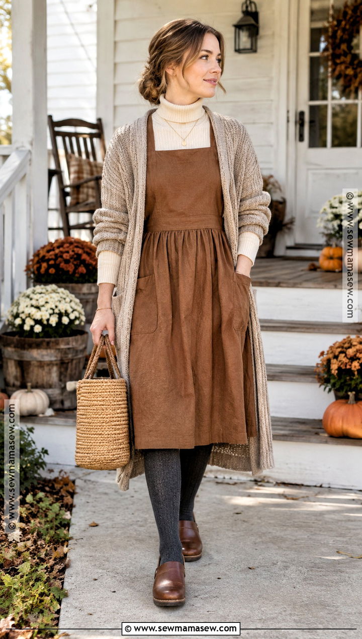 Cottagecore Apron Dress With Turtleneck And Clogs - 15 cottagecore outfit fall ideas