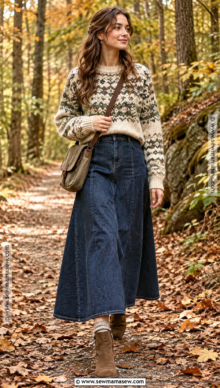 Cottagecore Denim Maxi Skirt With Fair Isle Sweater - 15 cottagecore outfit fall ideas
