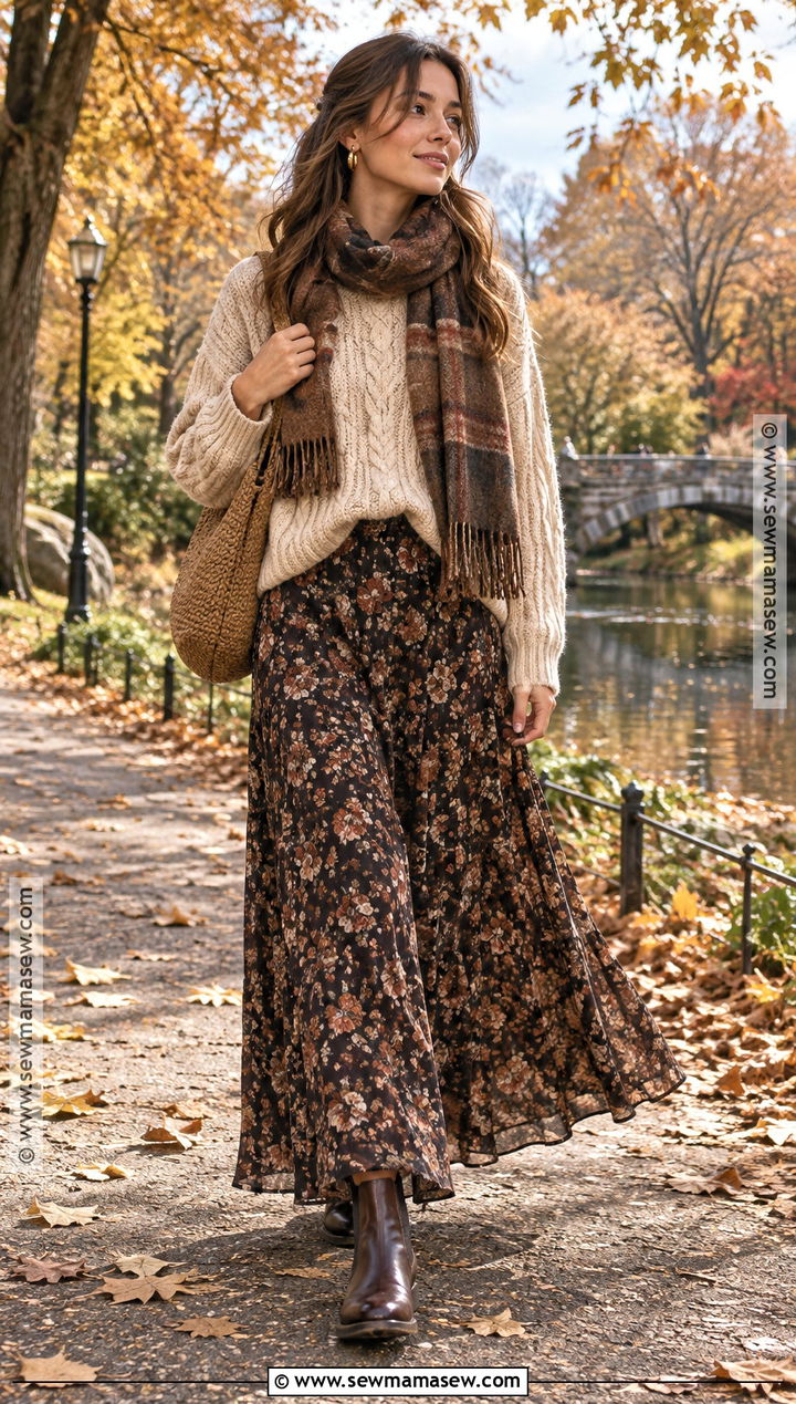 Cottagecore Maxi Skirt With Cable Knit Sweater - 15 cottagecore outfit fall ideas