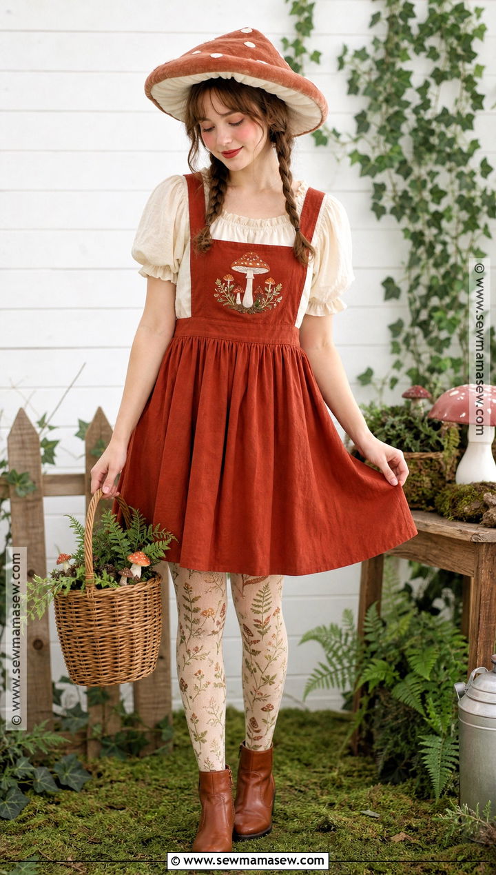 Cottagecore Mushroom Costume With Pinafore Dress - 30 costume party aesthetic ideas