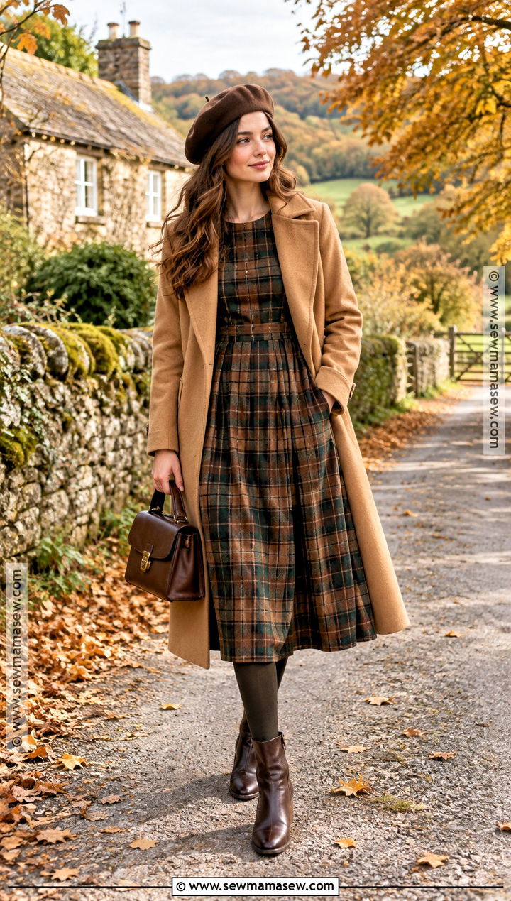 Cottagecore Plaid Dress With Wool Coat - 15 cottagecore outfit fall ideas