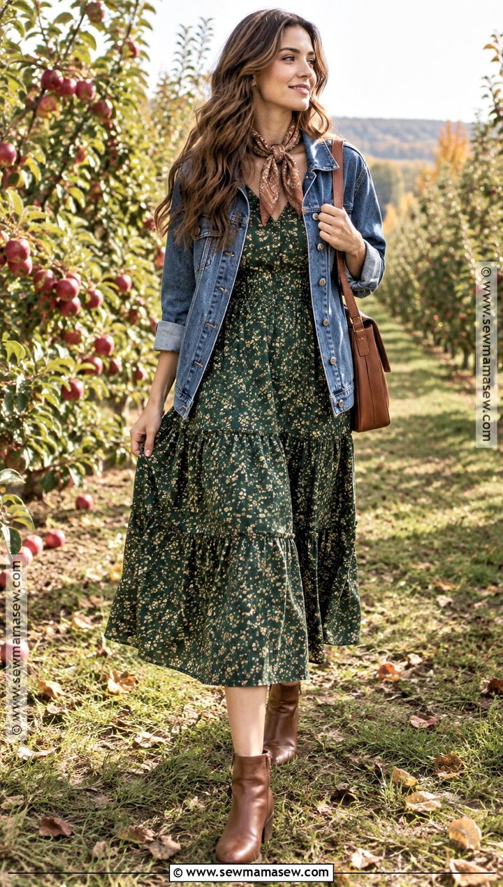 Cottagecore Prairie Dress With Denim Jacket - 15 cottagecore outfit fall ideas
