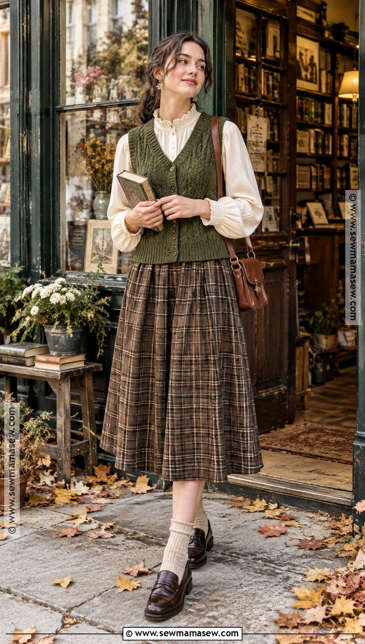 Cottagecore Sweater Vest With Midi Skirt - 15 cottagecore outfit fall ideas