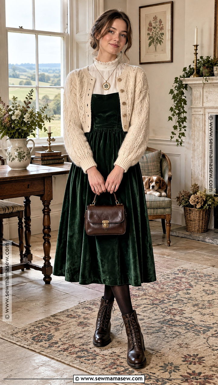 Cottagecore Velvet Dress With Lace Up Boots - 15 cottagecore outfit fall ideas