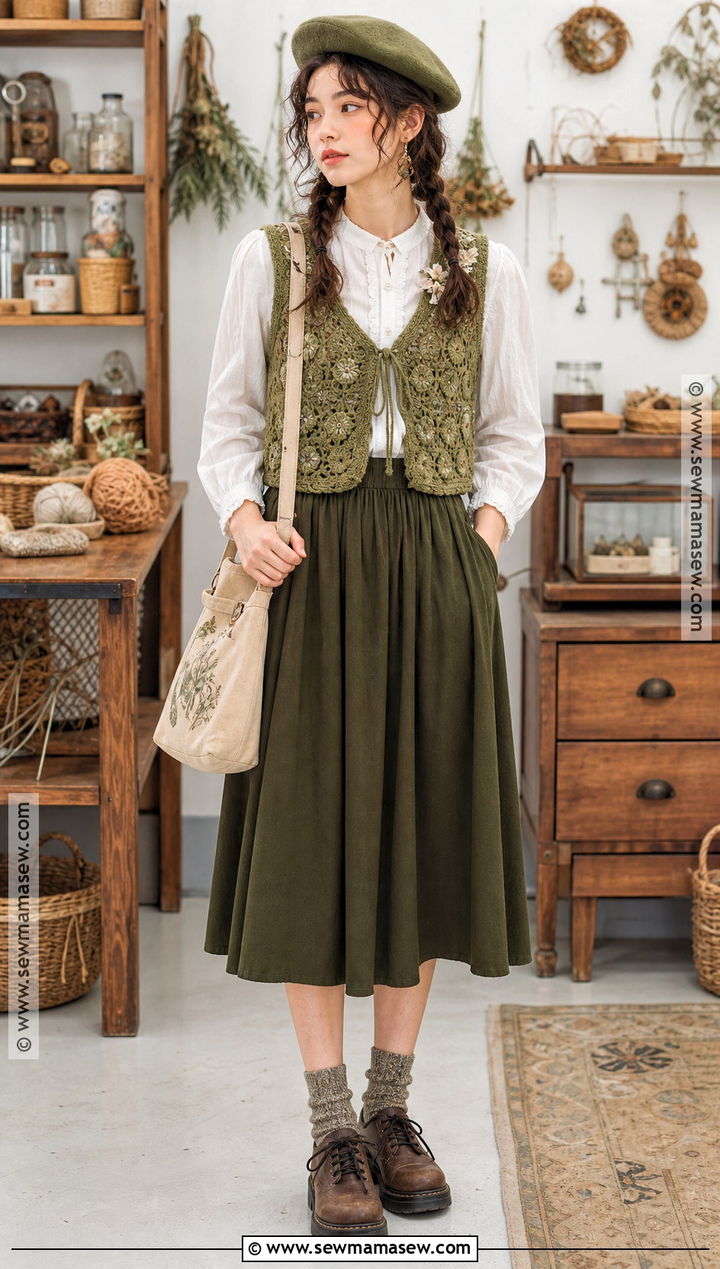 Cottagecore Witch Outfit With Crochet Vest - 30 cottagecore witch outfit ideas