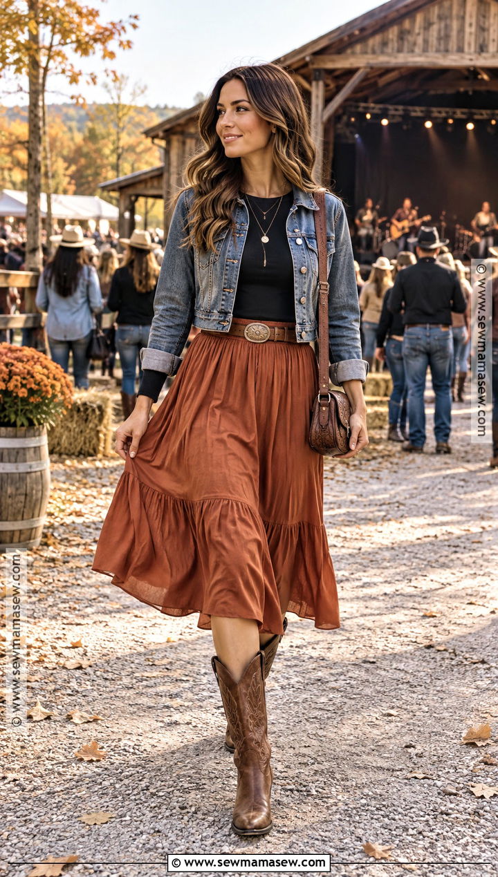 Country Concert Outfit With A Midi Skirt - 25 fall country concert outfit ideas